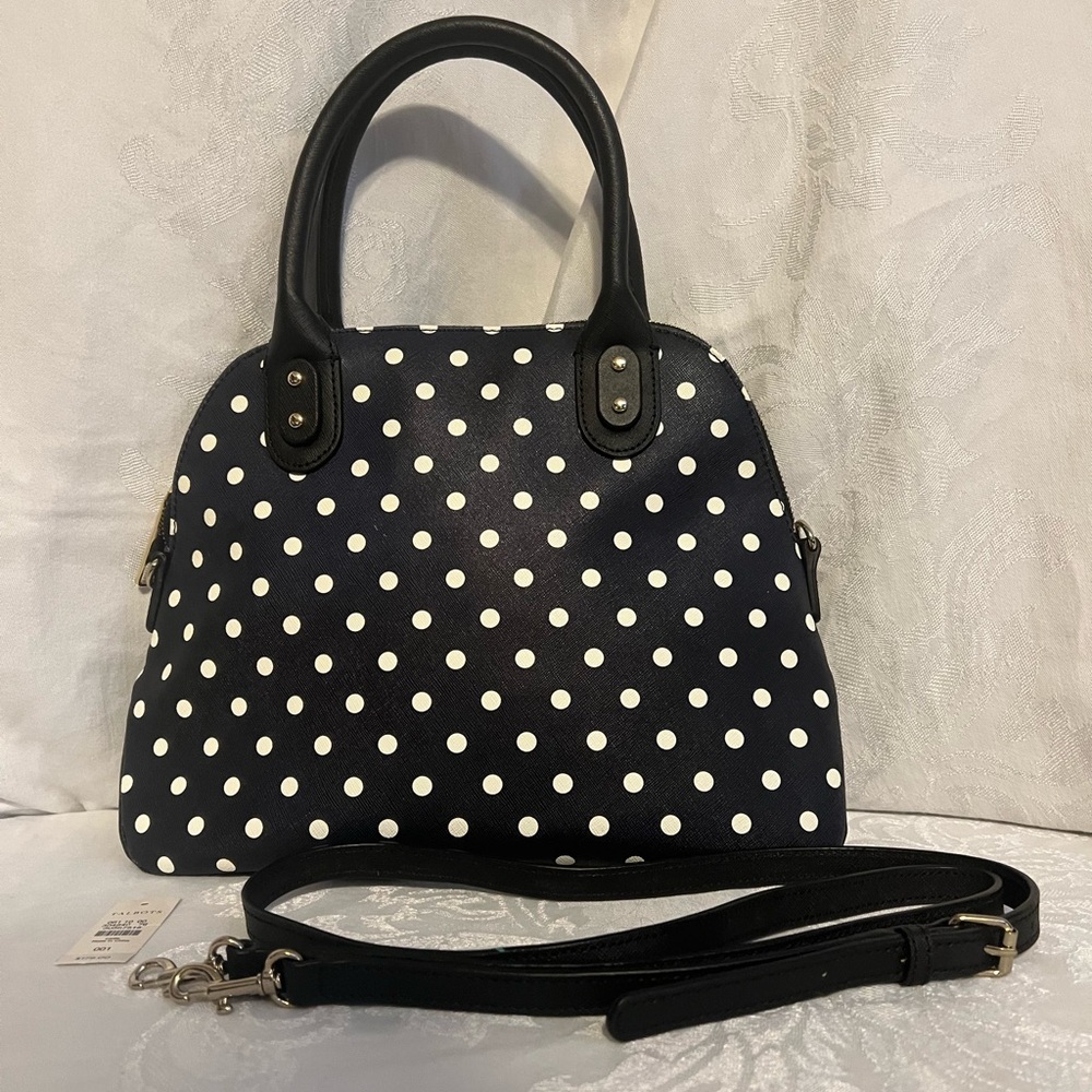 Talbots black leather satchel handbag with white polka dots. Interior is beige